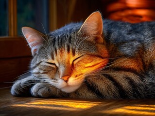 Adorable Sleeping Cat Basking in Sunlight A Professional Photography Capture of Feline Relaxation