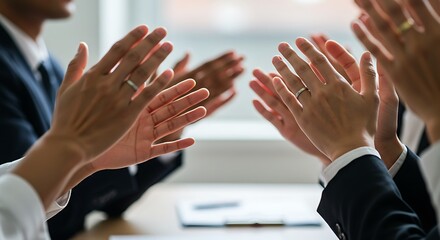 Close shot of various hands applauding, reflecting a moment of collective appreciation and triumph.

