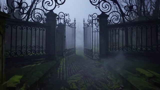 Mysterious misty iron gate opens to ancient cemetery pathway