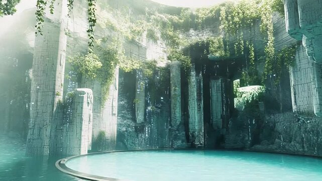 Futuristic waterfall cascading into tranquil pool in ancient ruins