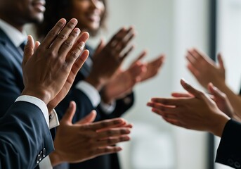Audience hands applauding, a symbol of agreement and appreciation during a business presentation.

