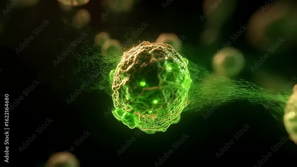 Poster timelapse of unplanned cell death membrane breakdown and glowing green toxins infiltrating cellular 