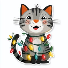 Festive Feline Frenzy Adorable Cat Entangled in Christmas Lights A Charming Vector Illustration for Holiday Decor
