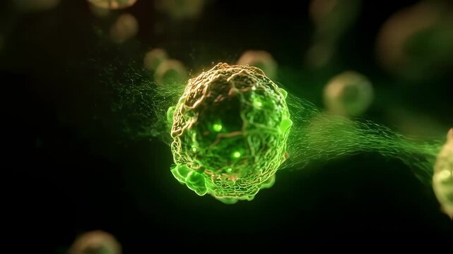 Timelapse of unplanned cell death membrane breakdown and glowing green toxins infiltrating cellular matrix.
