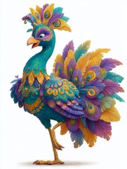A Zany Carnival Peacock Vibrant 2D Cartoon Character for a Fun and Festive Design