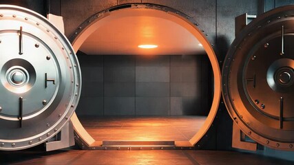 Large open vault door revealing bright light inside secure room - Powered by Adobe