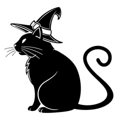 A black cat wearing a witch hat isolated on white background