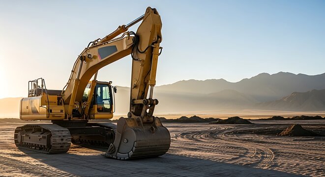 A large yellow excavator sits idle on a dusty construction site at dawn. The rising sun illuminates the industrial machinery and the distant mountain range, casting a warm glow over the arid landscape