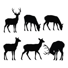 Fototapeta premium Art of collection of deer silhouettes in various poses, including standing, grazing, and sparring, isolated on a white background