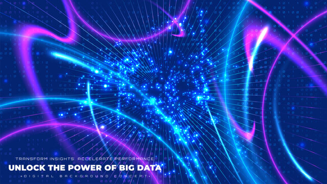 Futuristic background with blue and line pink glowing decoration with neon code number elements. Digital network technology and data flow design. Abstract hi tech cyber scene.