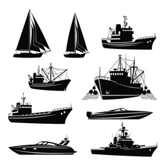 Art of collection of diverse watercraft silhouettes including sailboats, fishing trawlers, yachts, and cargo ships isolated on white background