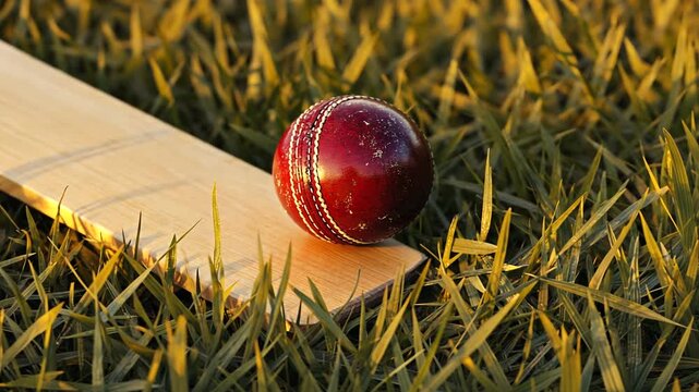 A cricket ball resting on a wooden bat amidst lush green grass during golden hour