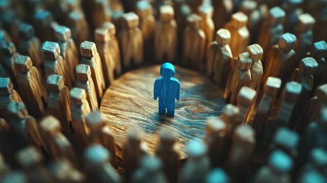 Wooden figure standing alone circle surrounded by wooden people symbolizing isolation leadership social exclusion group crowd single with blue figure representing leadership and individuality