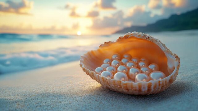 Pearl filled seashell on sandy beach with ocean waves and sunset creating peaceful serene coastal marine nature scene with wave and sand under cloudy sky at beach shore
