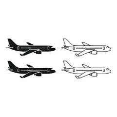 Art of collection of four airplanes, two black and two white, isolated on a white background, showcasing different perspectives and styles of air travel