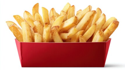 A red, shallow cardboard container overflowing with golden-brown, crispy French fries, isolated on a white background.  The fries appear freshly cooked and slightly seasoned