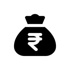 Illustration of a black money bag with a white rupee symbol centered on the front of the bag design