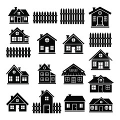 Art of collection of diverse house styles and fence designs, showcasing various architectural elements and residential building types isolated on white background