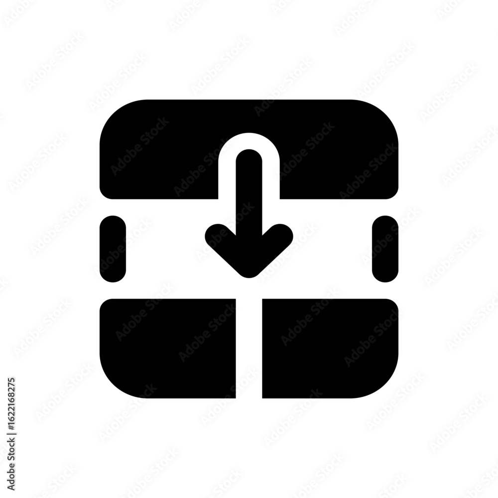 Aufkleber black and white illustration of a square shape with a downward arrow and vertical lines inside it pr