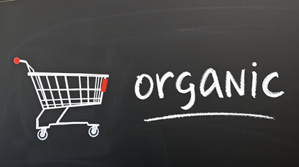 Chalk drawing of shopping cart and word organic on black chalboard. Concept of globalization and mass consuming