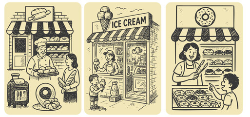 Bakery, Ice Cream, and Donut Shops &ndash; Sepia Tone Vintage Vector Trio of Dessert Storefronts

