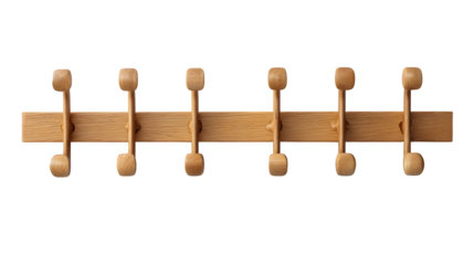 A minimalist wooden coat rack, disassembled into individual pieces, isolated on a pure Transparent Background.