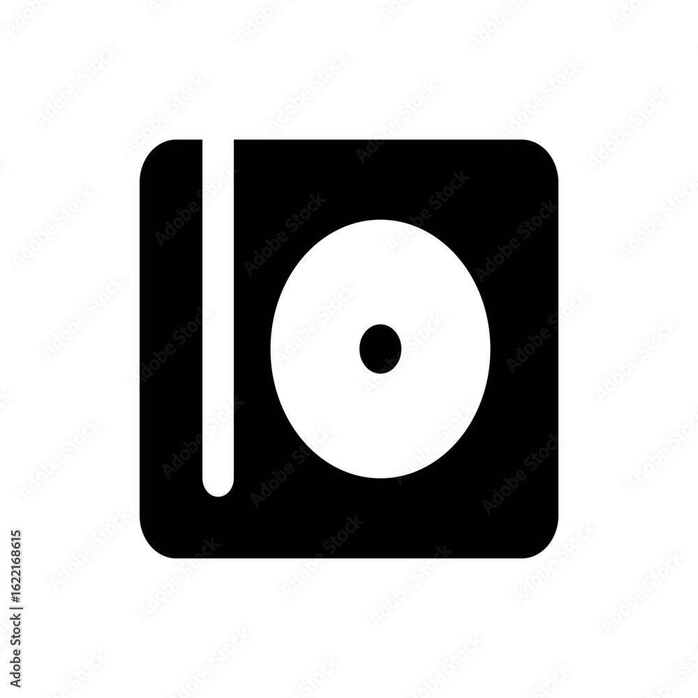 Poster black square with rounded corners containing a white circle and a white vertical bar on the left sid