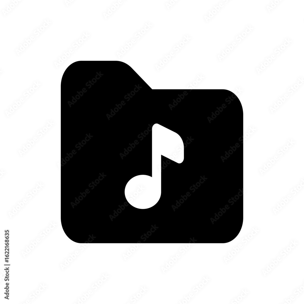 Poster black folder icon with a white music note inside representing audio files and media storage and orga
