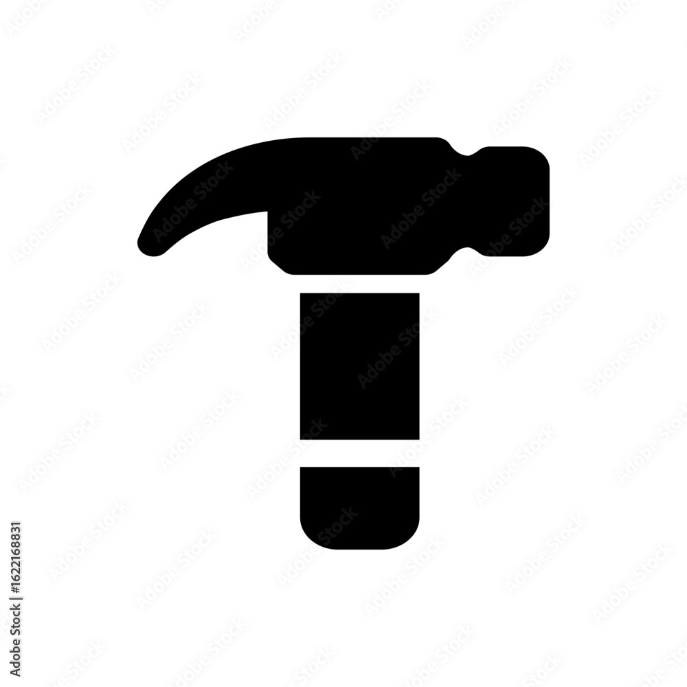 Poster illustration of a black hammer with a curved claw and a rectangular handle on a white background too