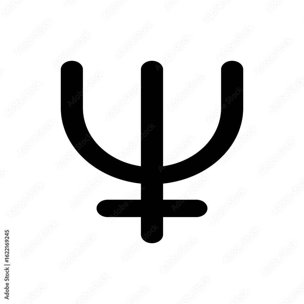 Poster illustration of a black astrological symbol for pluto with rounded edges and a simple design style