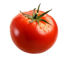 Close up image of a ripe, red tomato with fresh water droplets isolated on transparent background