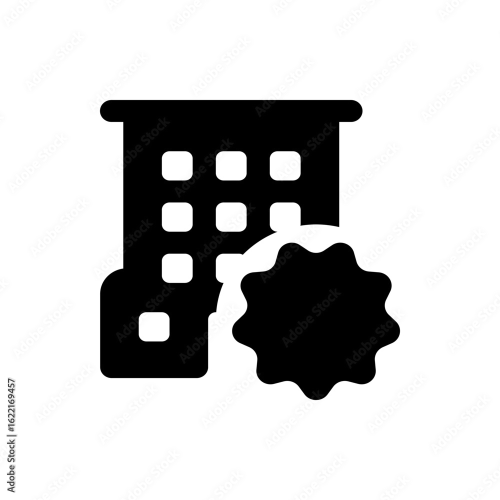 Poster black silhouette of a building with multiple windows and a decorative burst shape on the right side 