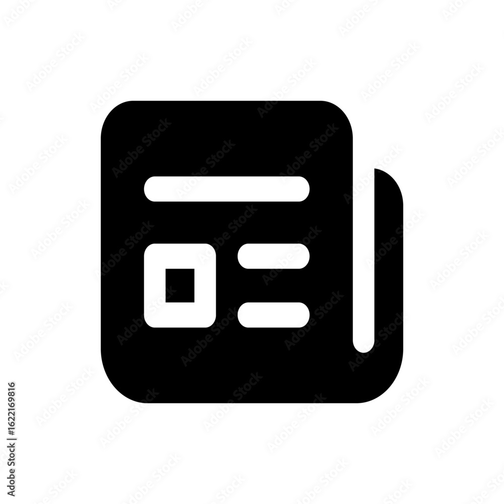 Poster illustration of a document with rounded corners and simple text elements in a black and white design