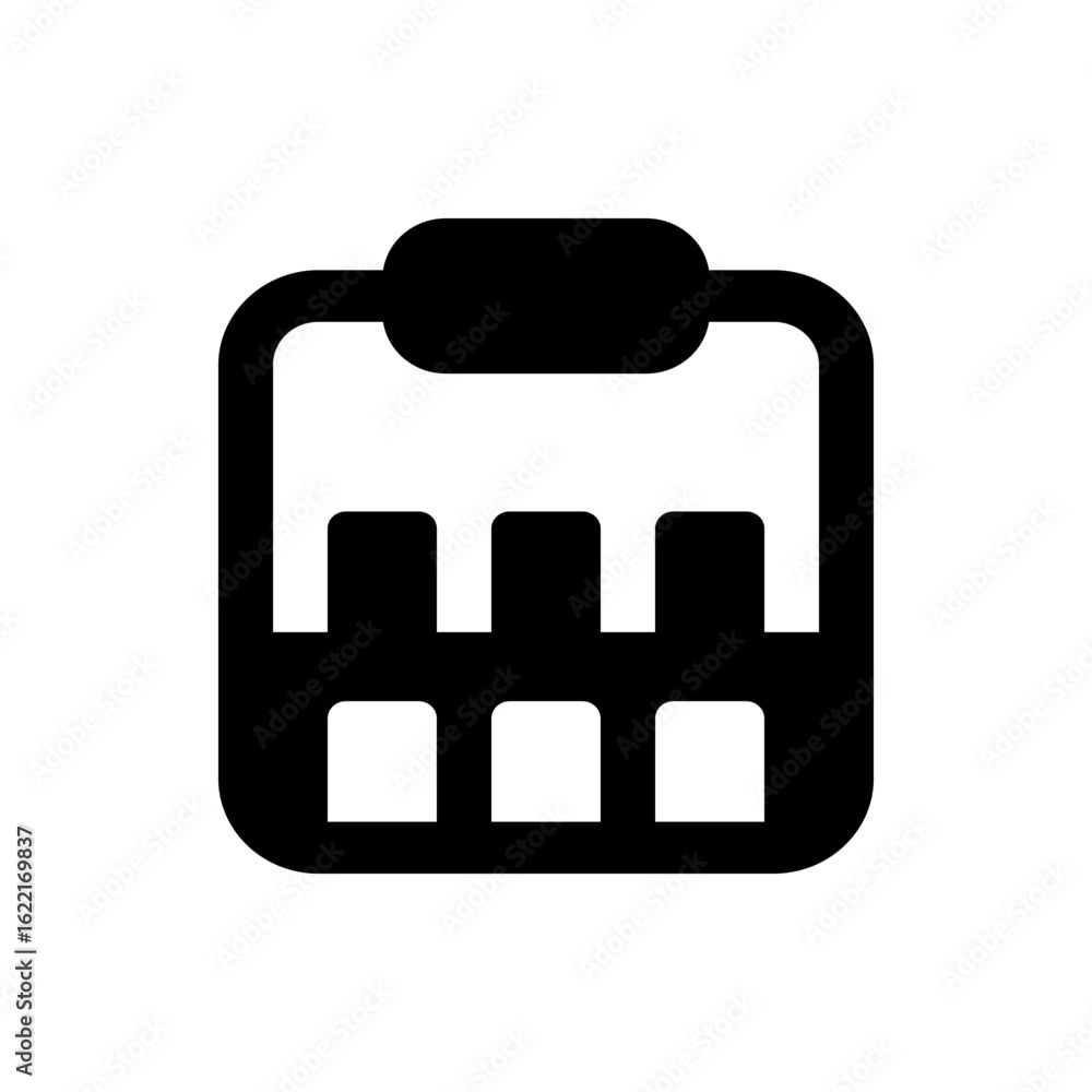 Poster illustration of a black server rack with multiple shelves and rounded edges on a white background pl