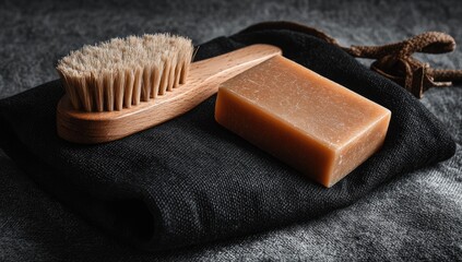 Natural cleaning implements on dark fabric.  Wooden brush and bar of soap on a dark cloth, nestled amongst a dark background