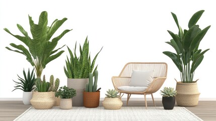 A cozy reading corner with stress-relief plants: tall potted palms, indoor succulents, and a snake plant for a touch of natural elegance