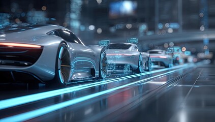 Futuristic cars on a glowing highway, overlaid with digital information