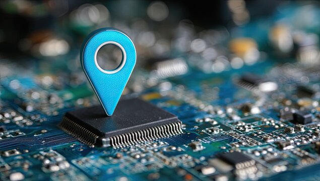 A bright blue map marker sits atop a dark computer circuit board.  Close-up view - Powered by Adobe