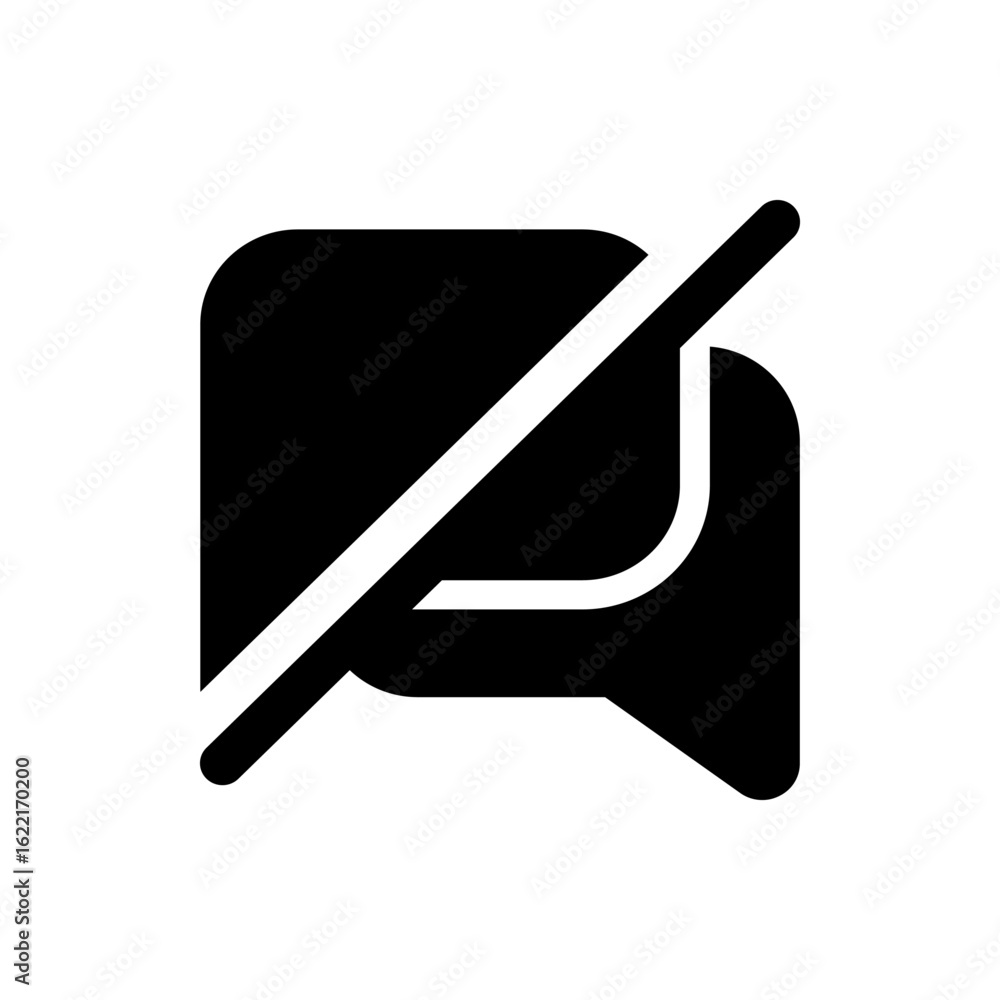 Poster black silhouette of two overlapping speech bubbles with a diagonal line through them indicating mute