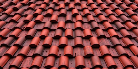 Naklejka premium Diagonal rows of dark brown clay roof tiles, creating a textured background, spanish roof, rustic