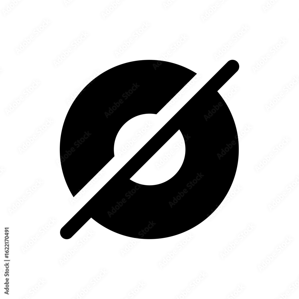 Poster a graphic representation of a black circle with a smaller white circle inside and a diagonal line th