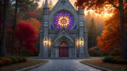 Obraz premium Gothic chapel with stained glass window in autumn forest at sunset