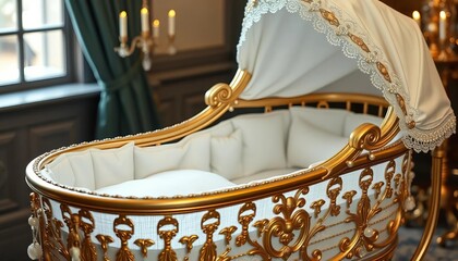 Luxurious, close-up view of an elegant baby bassinet, intricate details visible,  cradle,  vintage