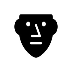 Illustration of a stylized face with a geometric nose and rounded ears in a solid black silhouette design