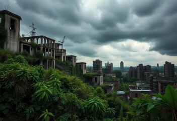 Overgrown, crumbling cityscape; skeletal buildings against a stormy sky,  steel,  dark