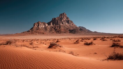 Vast desert landscape with dramatic mountain peak