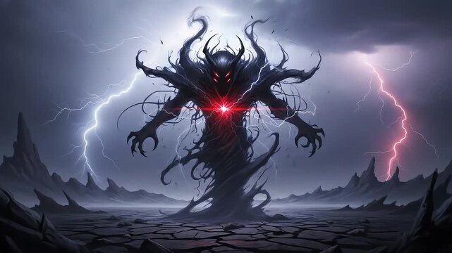 A dark shadowy creature with glowing red eyes and tendrils amidst a lightning storm