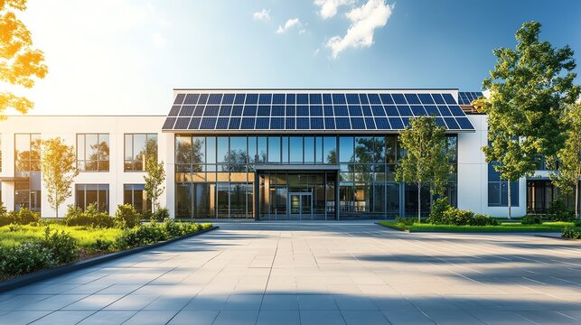 Modern school building featuring solar panels on the rooftop, showcasing clean energy in a photorealistic sunny environment.