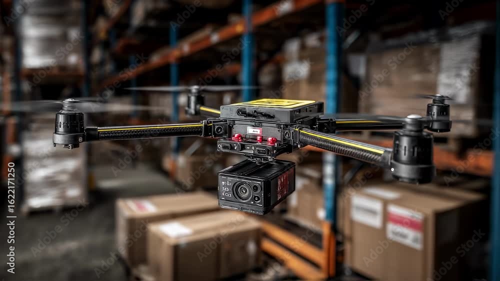 Poster modern warehouse using advanced drone technology for efficient inventory management and logistics, i