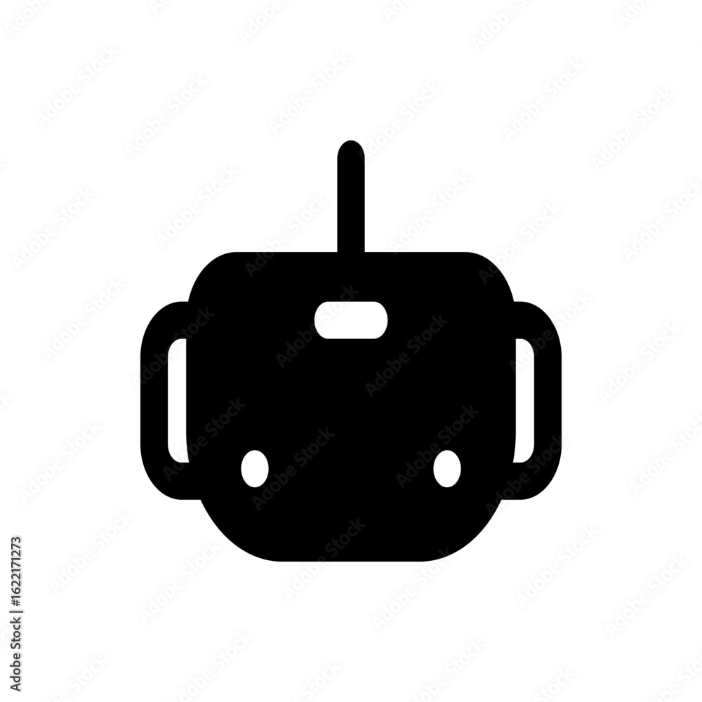 Poster illustration of a black virtual reality headset with handles and sensors on a white background space